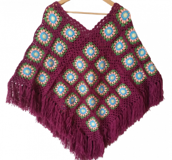 El Örgüsü Etnik Otantik Motifli Bordo Panço