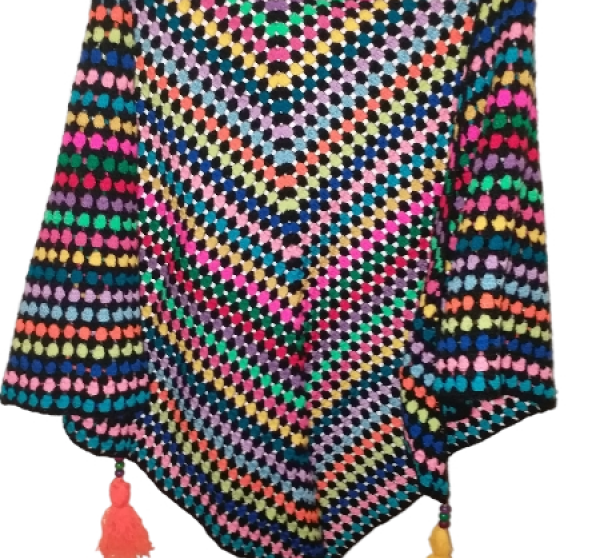 El Örgüsü Etnik Otantik Çizgi Çok Renkli Boncuk Detaylı Büyük Boy Şal