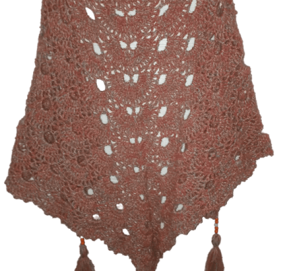 El Örgüsü Püskül Boncuk Detaylı Somon Kırçıllı Büyük Boy Tiftik Şal