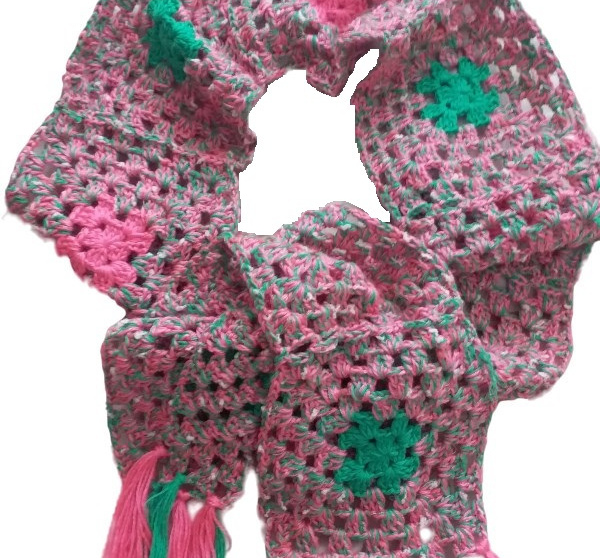 El Örgüsü Etnik & Otantik Motifli Pembe-Yeşil Atkı & Boyunluk