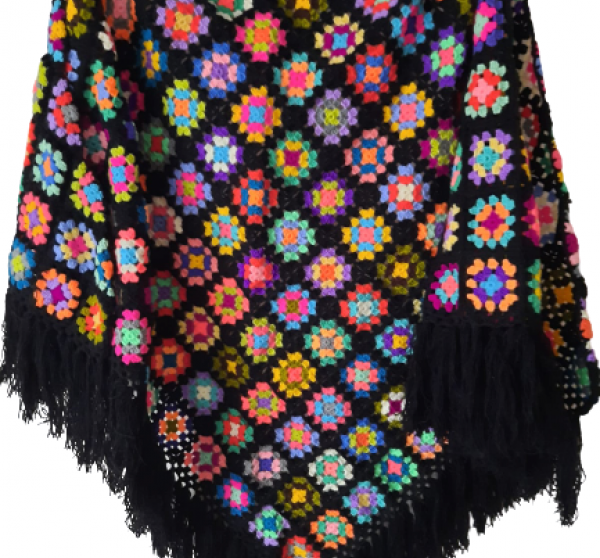 El Örgüsü Etnik Otantik Motifli Siyah Büyük Boy Şal