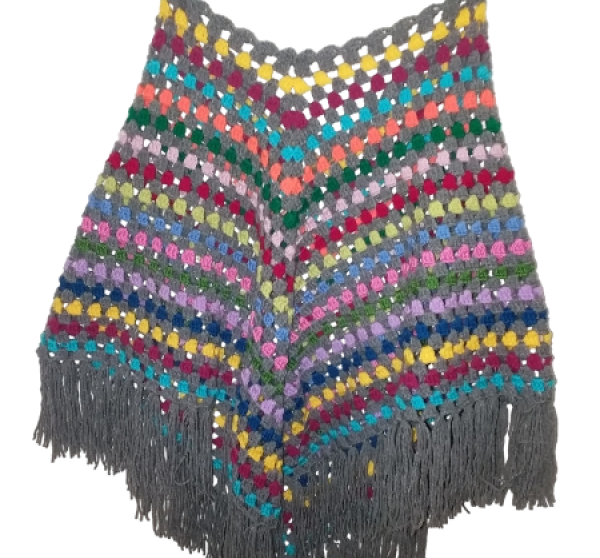 El Örgüsü Etnik Otantik Gri Çok Renkli Panço