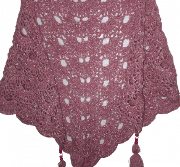 El Örgüsü Püskül Boncuk Detaylı Pembe Kırçıllı Orta Boy Tiftik Şal