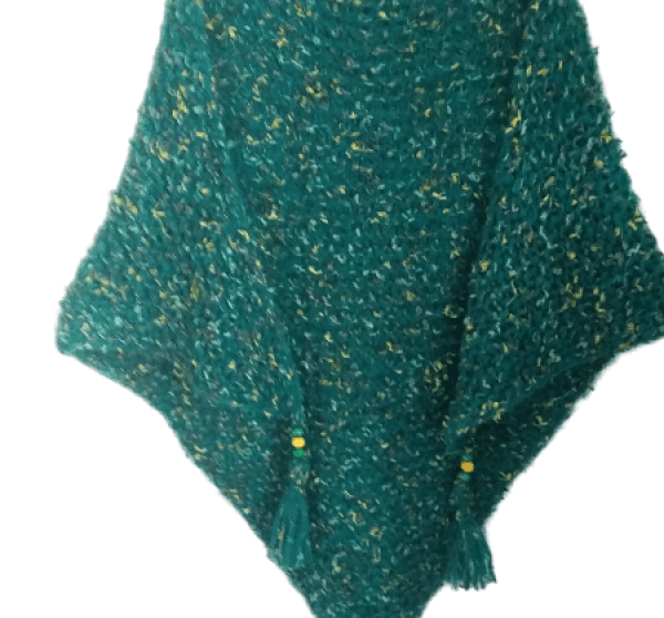 El Örgüsü Püskül Boncuk Detaylı Yeşil Kırçıllı Battal Boy Tiftik Şal